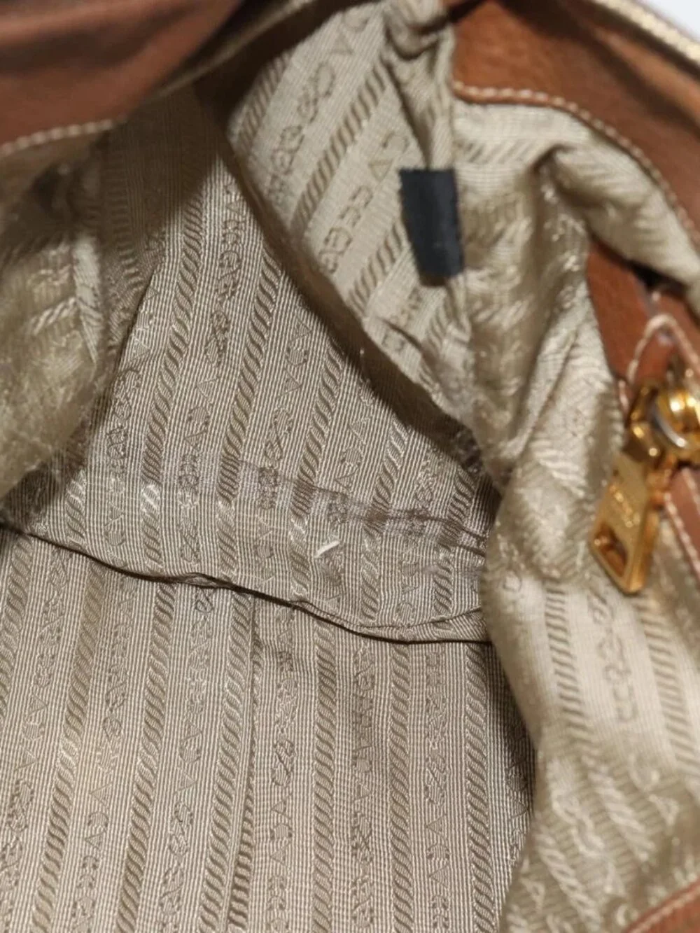PRADA Hand Bag Canvas Leather Brown Gold Auth